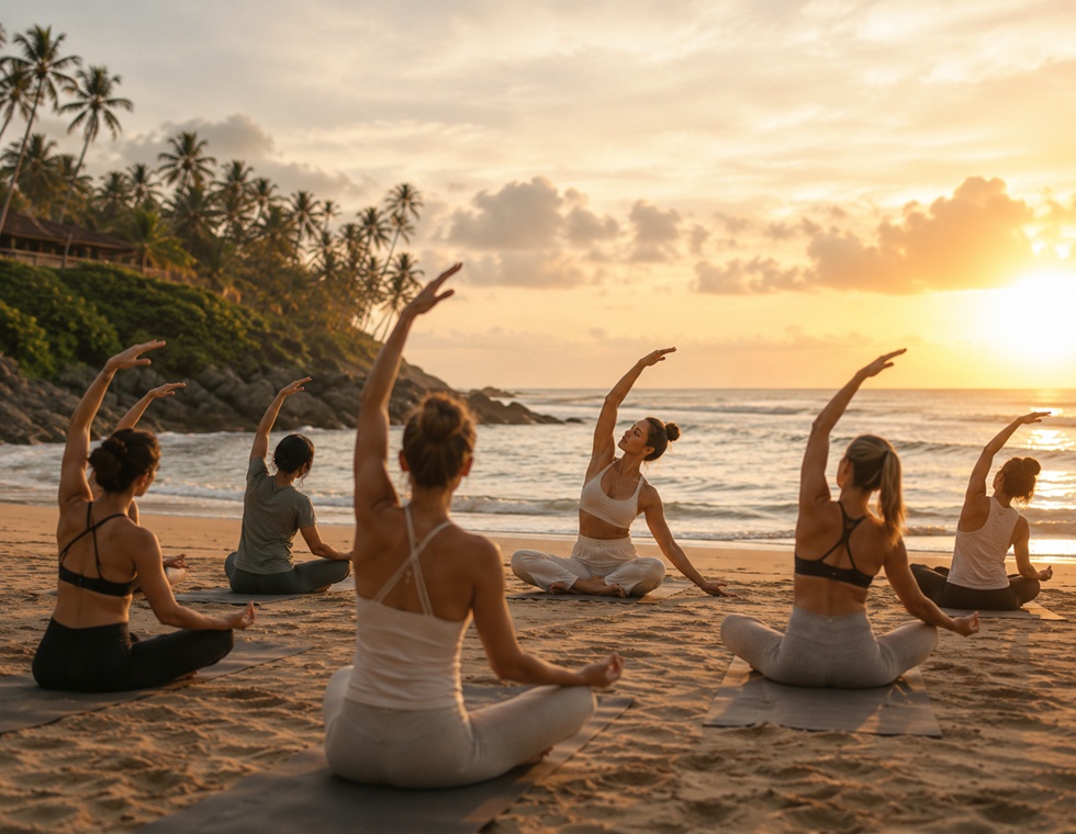 Yoga teacher leading a beach class at sunrise