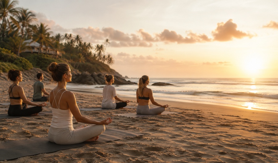 Group yoga class meditating on the beach at sunrise
