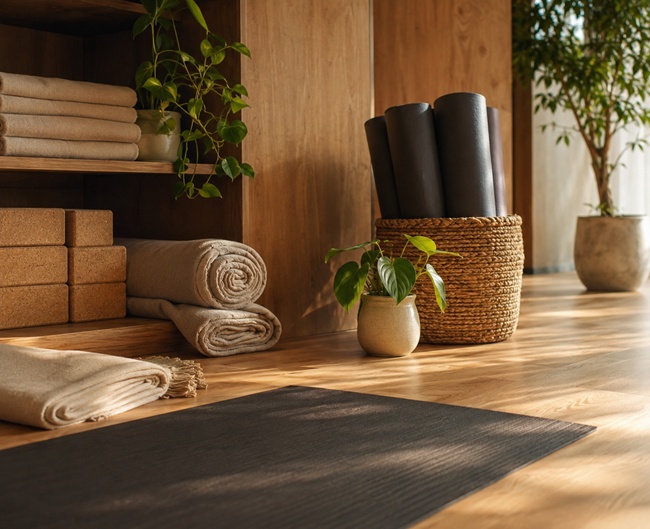 Yoga studio detail with rolled mats, cork blocks, and plants on warm wood