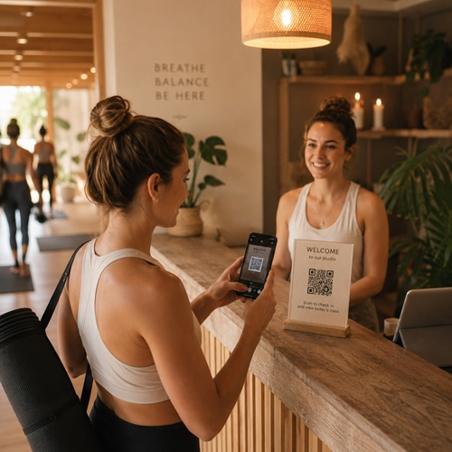 Student scanning a QR code at the studio front desk