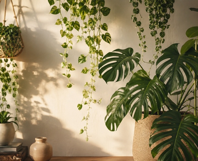 Hanging pothos and monstera plants in warm sunlight