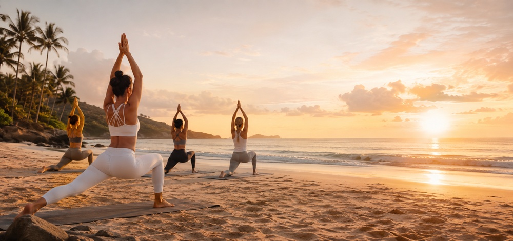 Group of yogis in warrior pose on the beach at sunrise